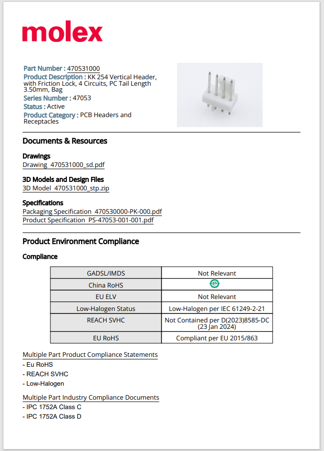 Molex 47053-1000, Connecter, Header Vertical, 4POS, 2.54 mm (25 ea)