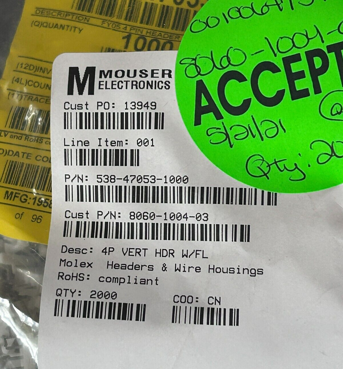 Molex 47053-1000, Connecter, Header Vertical, 4POS, 2.54 mm (25 ea)