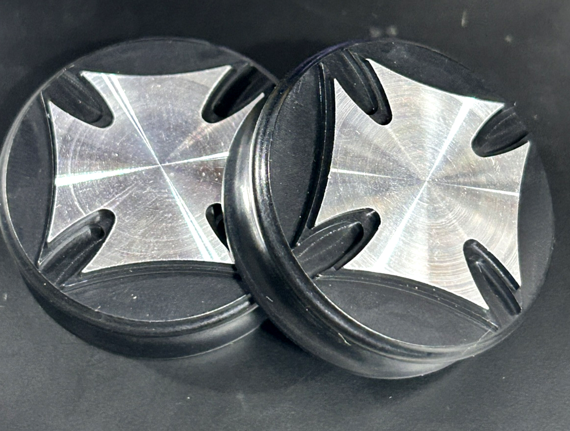 New RNK Billet Maltese Grip End Caps, Silver on Black (1 Pair)