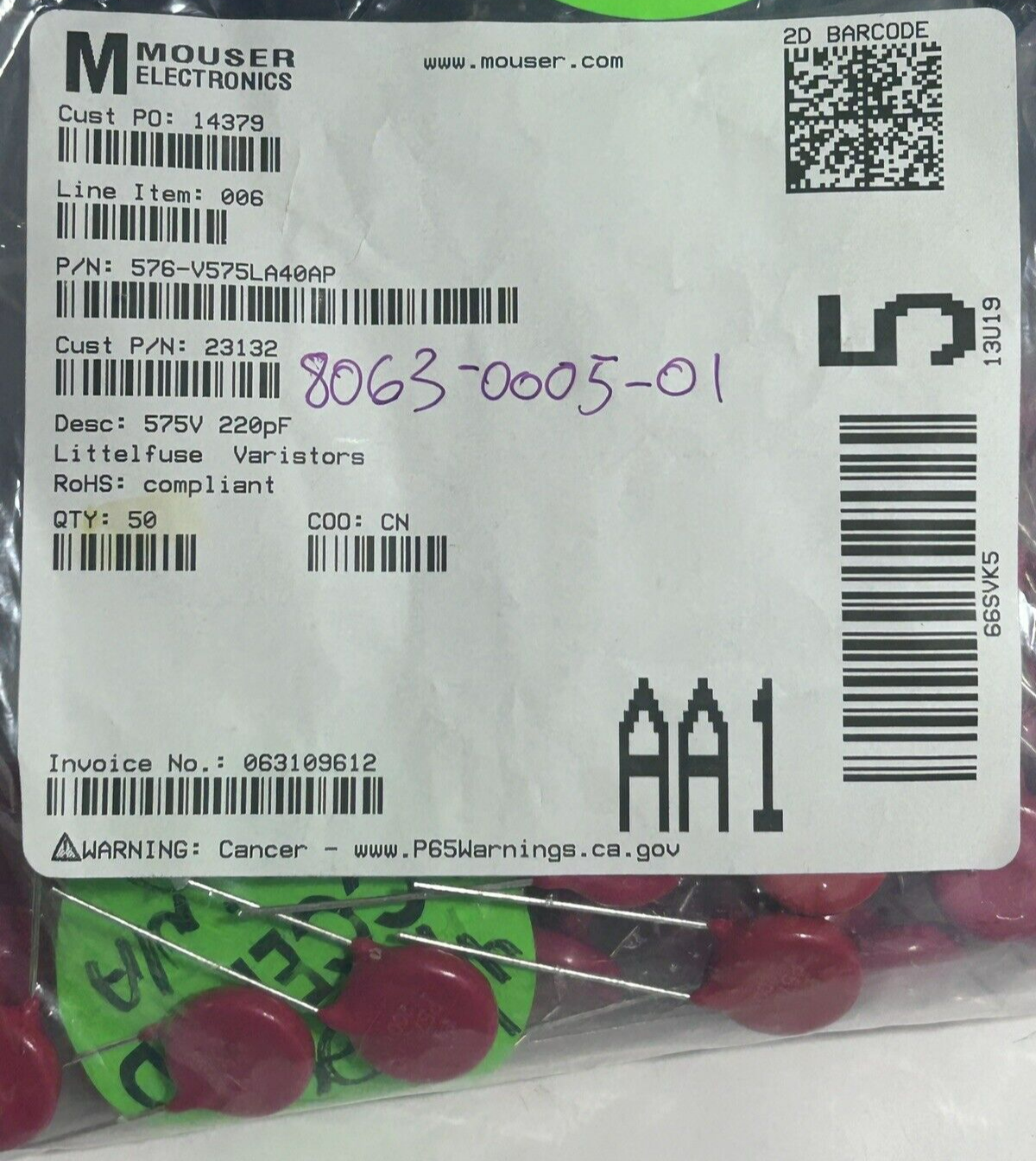 Littlefuse V575LA40AP Metal Oxide Varistors 575V 220pF (10PK)