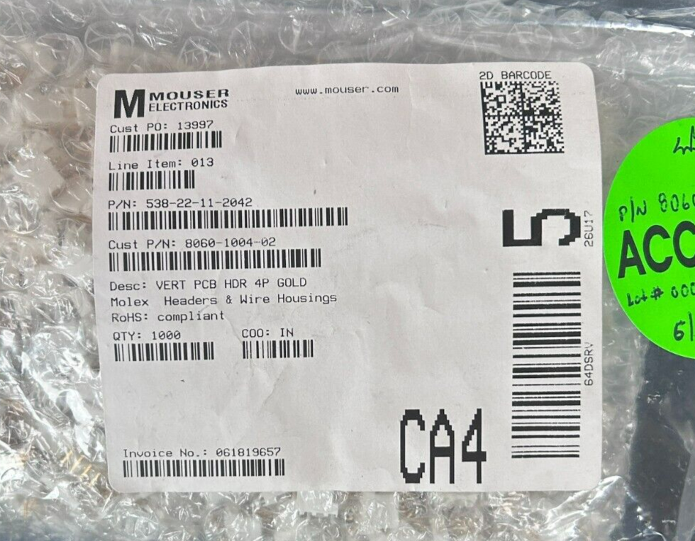 Molex 22-11-2042 VERT PCB HDR 4POS Gold Friction Lock (25 ea)
