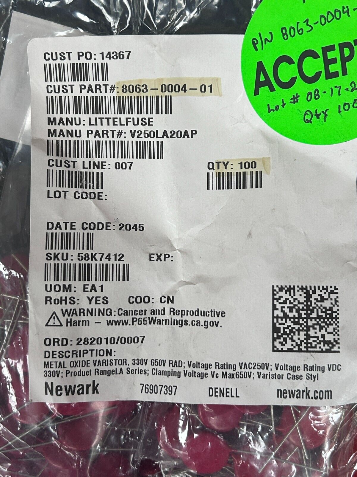 Littlefuse V250LA20AP Metal Oxide Varistors 250V 500pF (25PK)