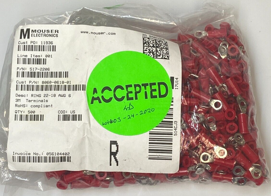 New Ring Tongue Nylon Insulated Terminals, #6, 22-18 AWG (50ea)