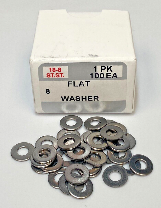New #8 Flat Washers, 18-8 Stainless Steel (100/box)