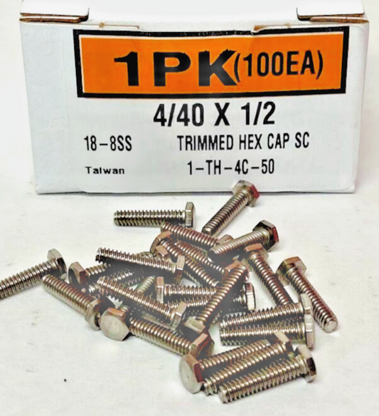 New 4/40 x 1/2" Trimmed Hex Cap Screws, 18-8 Stainless Steel (100ea)