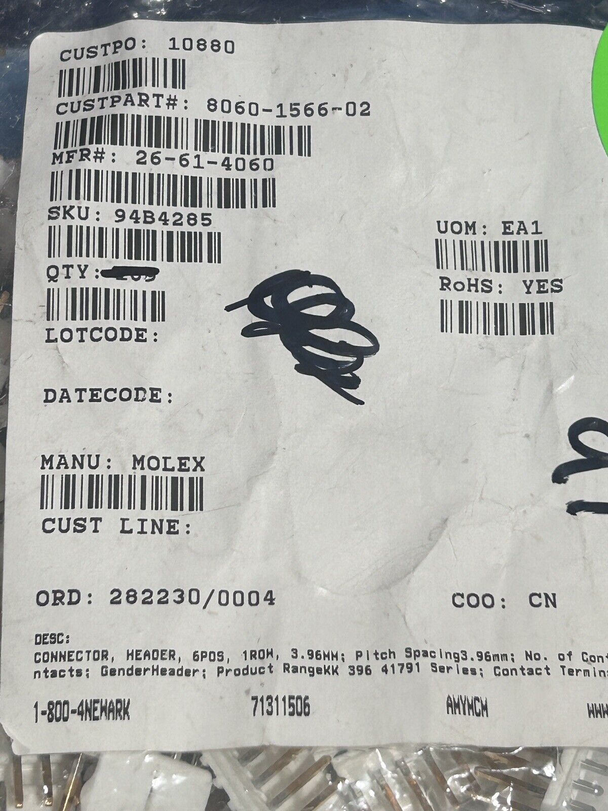 Molex 26-61-4060, VERT PCB HDR 6POS GOLD FRICTION LOCK, 1 Row, 3.69MM (10ea)