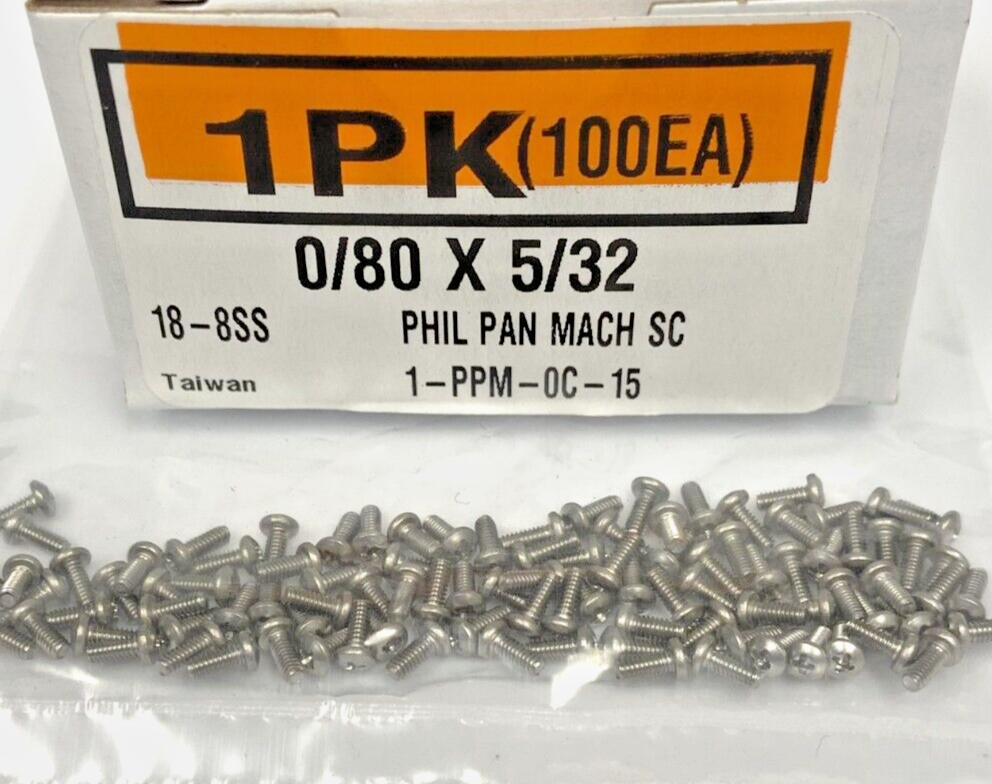 New 0/80 x 5/32" Phillips Pan Head Machine Screw, 18-8 Stainless Steel, (100ea)