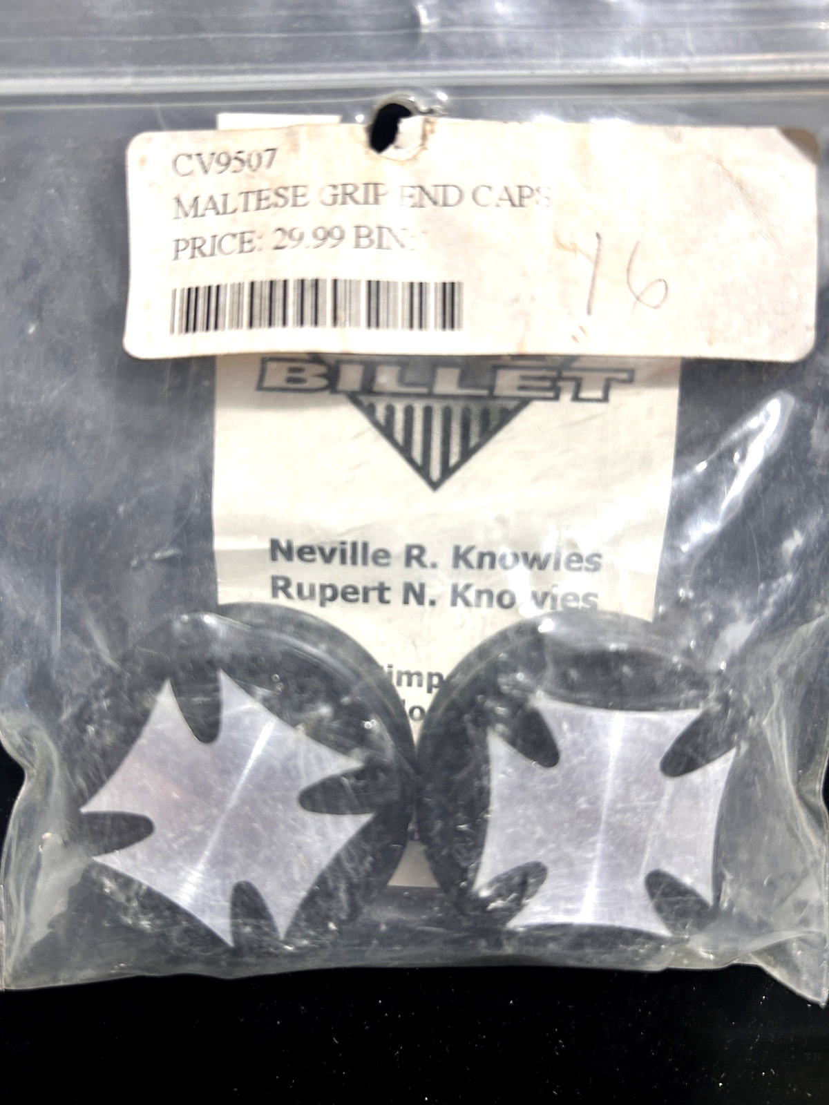 New RNK Billet Maltese Grip End Caps, Silver on Black (1 Pair)