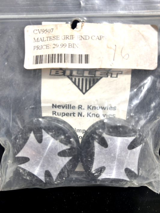 New RNK Billet Maltese Grip End Caps, Silver on Black (1 Pair)