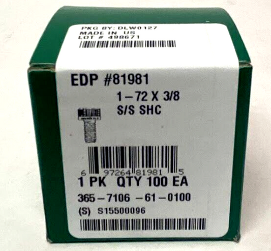 New 1-72 x 3/8" Socket Head Cap Screw, Stainles Steel, (100ea)