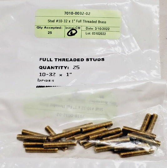 New 10-32 x 1" Full Threaded Studs, Brass (25ea)
