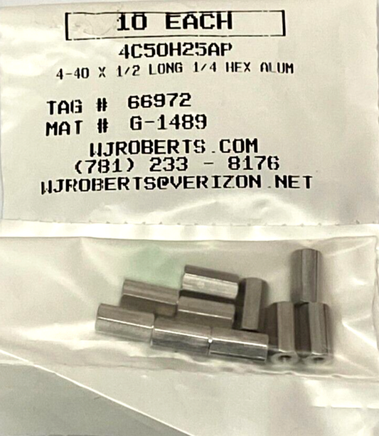 New 4-40 Female Standoff, 1/2" Long, 1/4" Hex, Aluminum (10ea)