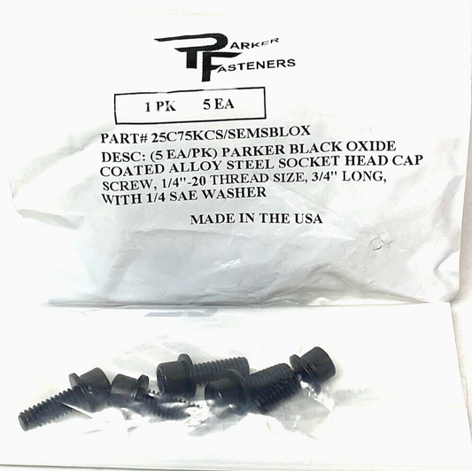 New 1/4"-20 x 3/4" Socket Head Screw, 1/4" SAE Washer,  Black Oxide Alloy Steel