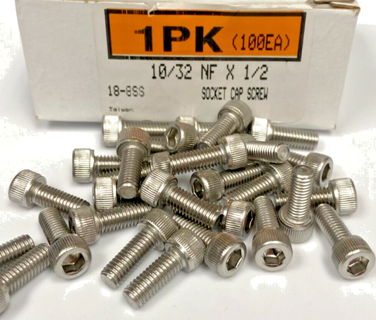 New 10/32 NF x 1/2" Socket Cap Screws, 18-8 Stainless Steel (100ea)