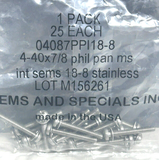 New 4-40 x 7/8" Phillips Pan Head MS, Internal-Tooth Lock Washer, 18-8 SS (25ea)