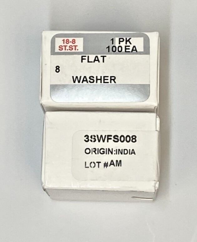 New #8 Flat Washers, 18-8 Stainless Steel (100/box)