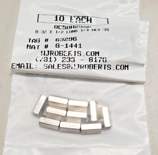 New 8-32 Female Standoff, 1/2" Long, 1/4" Hex, Stainless Steel (10ea)