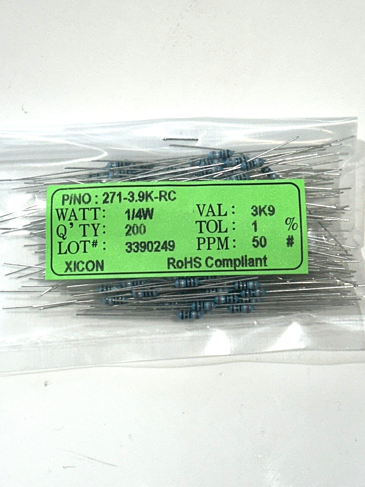 1/4W 1% Tolerance Metal Film Resistors 3.9k ohms, RoHS Compliant (200ea)